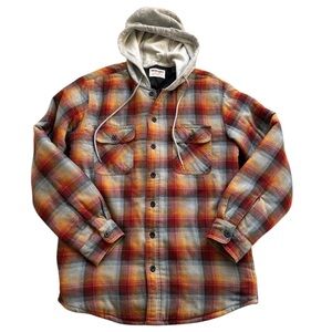 Wrangler Hooded Flannel Jacket Mens M Quilted Lined Plaid Shacket Workwear